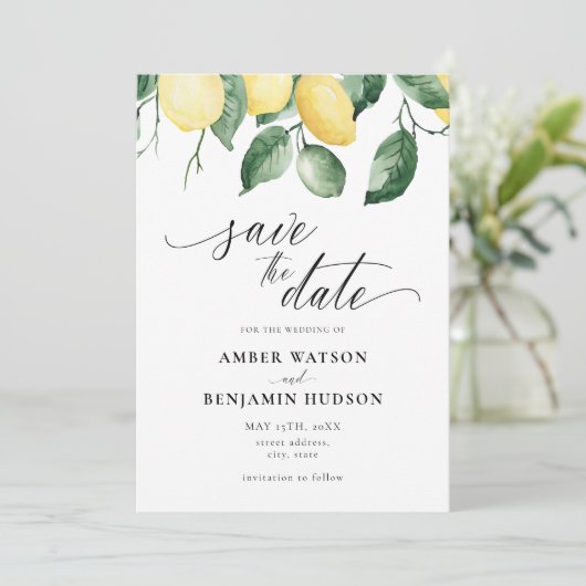 Yellow Garden Summer Lemons Save the Date Card Einladung (Stehend Vorderseite)