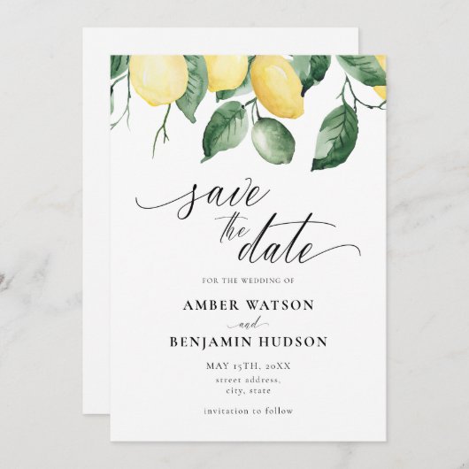Yellow Garden Summer Lemons Save the Date Card Einladung (Vorne/Hinten)