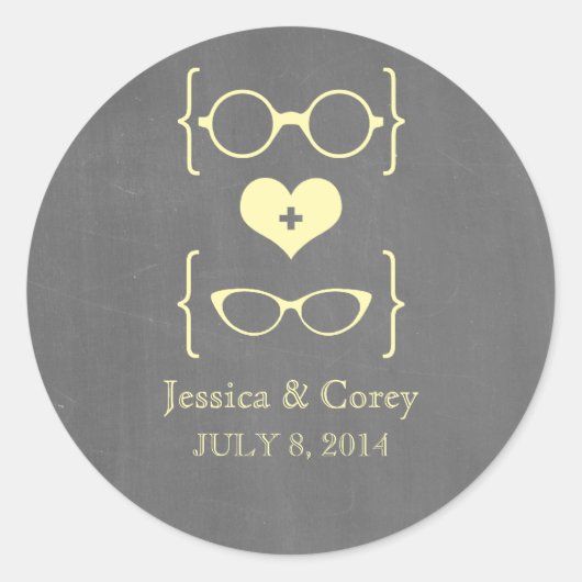 Yellow Geeky Glasses Chalkboard Wedding Stickers (Vorderseite)