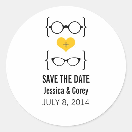 Yellow Geeky Glasses Save the Date Stickers (Vorderseite)
