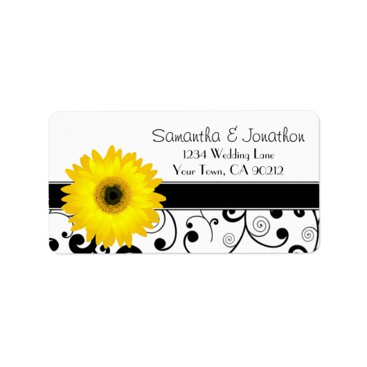 Yellow Gerbera Daisy Black Scroll Address Label Adressaufkleber (Vorne)