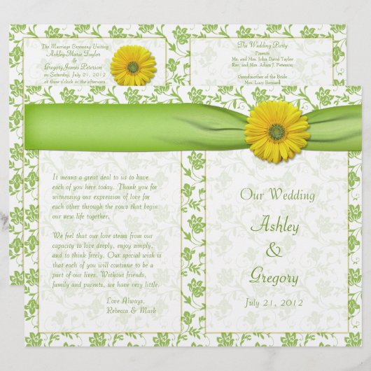 Yellow Gerbera Daisy Green Floral Wedding Program (Vorne/Hinten)
