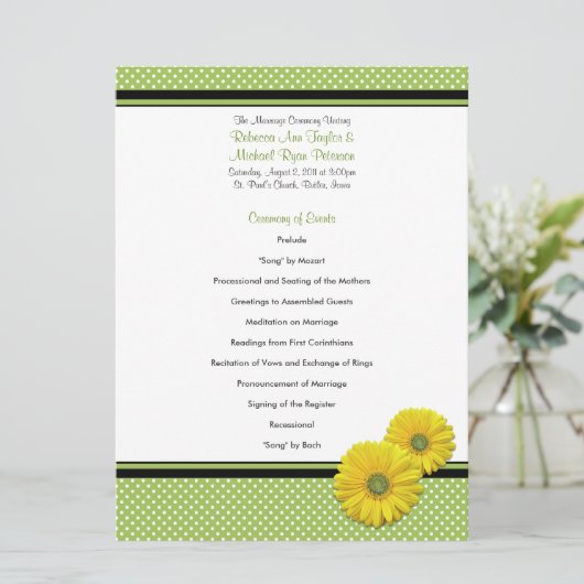 Yellow Gerbera Daisy Polka Dot Wedding Program Programm (Stehend Vorderseite)