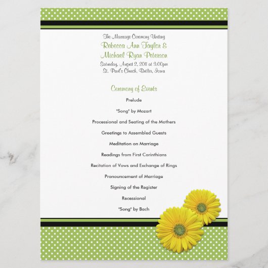 Yellow Gerbera Daisy Polka Dot Wedding Program Programm (Vorderseite)