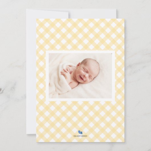 Yellow Gingham Baby Birth Announcement Foto Card Ankündigung (Rückseite)