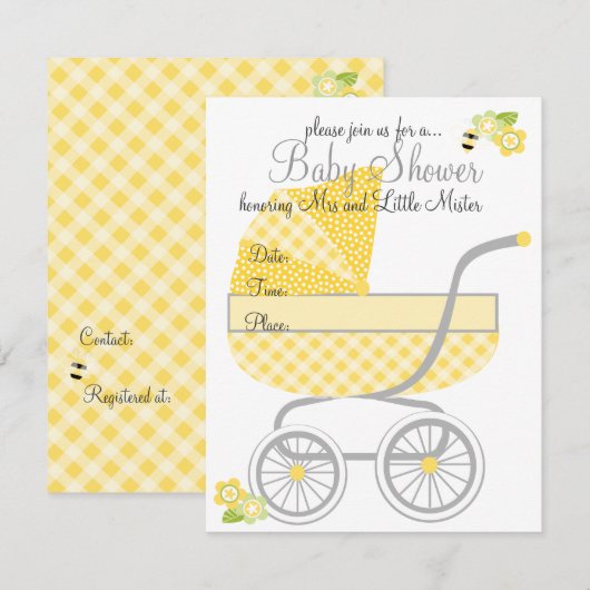 Yellow Gingham Baby Buggy Einladung (Vorne/Hinten)