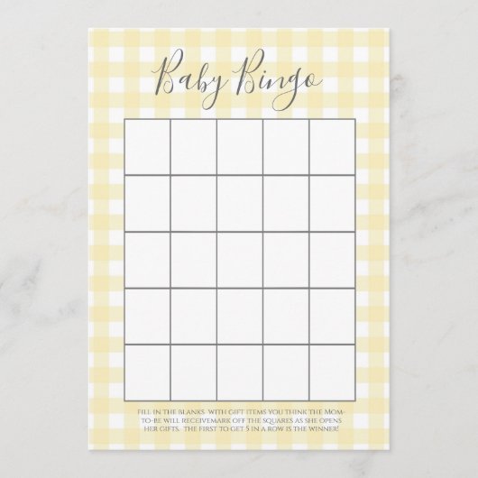 Yellow Gingham Baby Dusche Bingo Karten (Vorderseite)