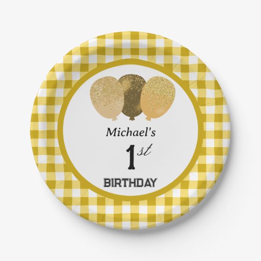 Yellow Gingham & Balloons 1. Geburtstag Pappteller (Vorderseite)