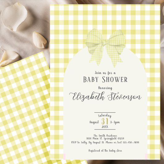 Yellow Gingham Bow Gender Neutral Baby Shower Einladung