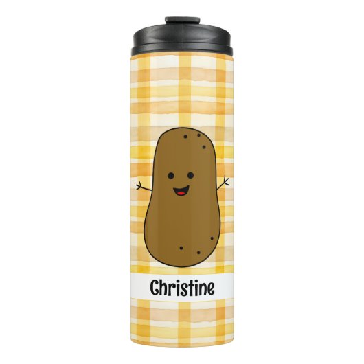 Yellow Gingham Brown Potato Custom Therbler Tumble Thermosbecher (Vorderseite)