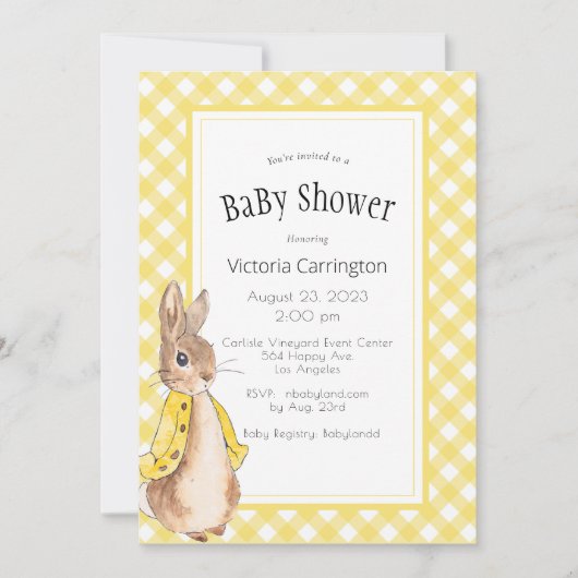 Yellow Gingham Bunny Rabbit Baby Dusche Einladung (Vorderseite)