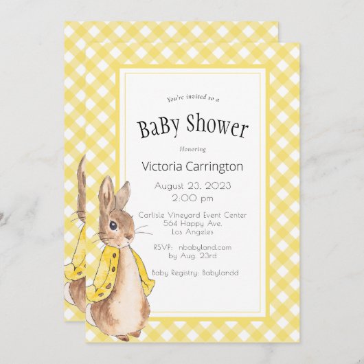 Yellow Gingham Bunny Rabbit Baby Dusche Einladung (Vorne/Hinten)