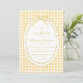 Yellow Gingham Coquette Bow Baptism Einladung (Stehend Vorderseite)