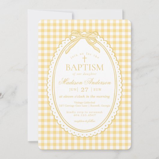 Yellow Gingham Coquette Bow Baptism Einladung (Vorderseite)