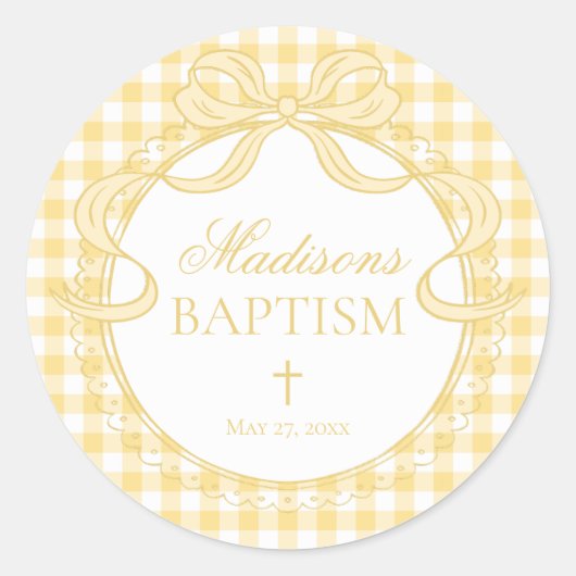 Yellow Gingham Coquette Bow Baptism Envelope Seal Runder Aufkleber (Vorderseite)