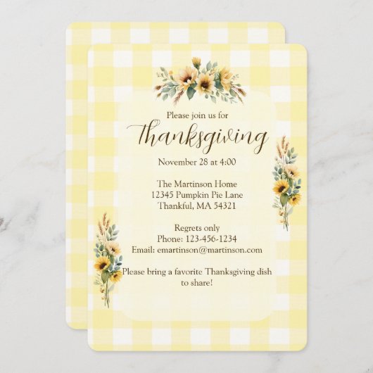 Yellow Gingham Fall Sonnenblumen Erntedank Einladung (Vorne/Hinten)