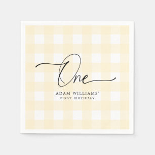 Yellow Gingham First Birthday Paper Napkin Serviette