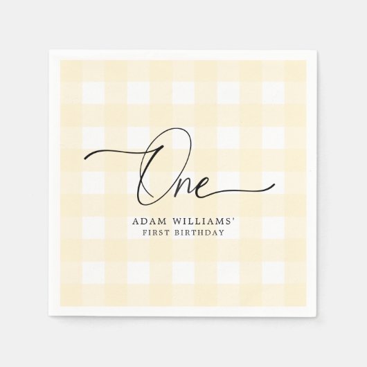 Yellow Gingham First Birthday Paper Napkin Serviette (Vorderseite)