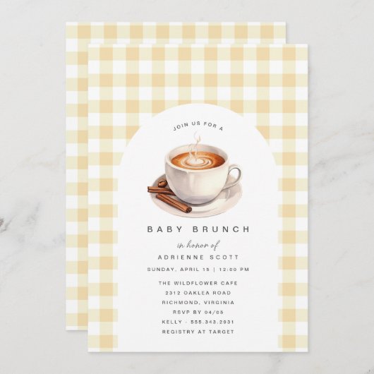 Yellow Gingham | Kaffee Baby Dusche Brunch Einladung (Vorne/Hinten)