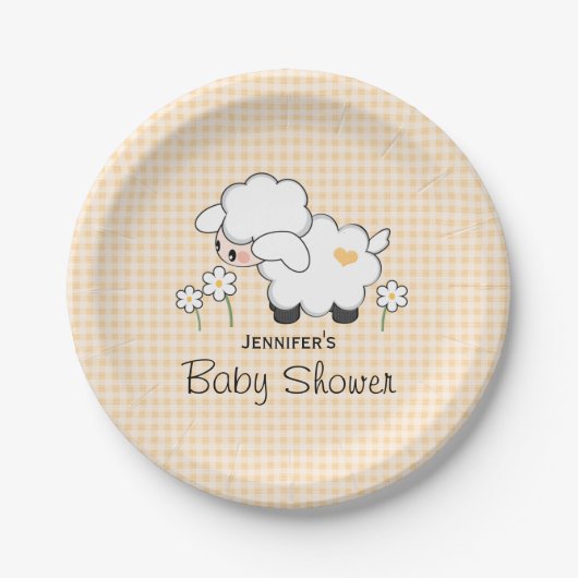 Yellow Gingham Lamb Baby Dusche Pappteller (Vorderseite)