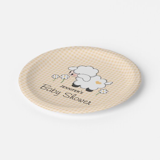 Yellow Gingham Lamb Baby Dusche Pappteller (Schrägansicht)