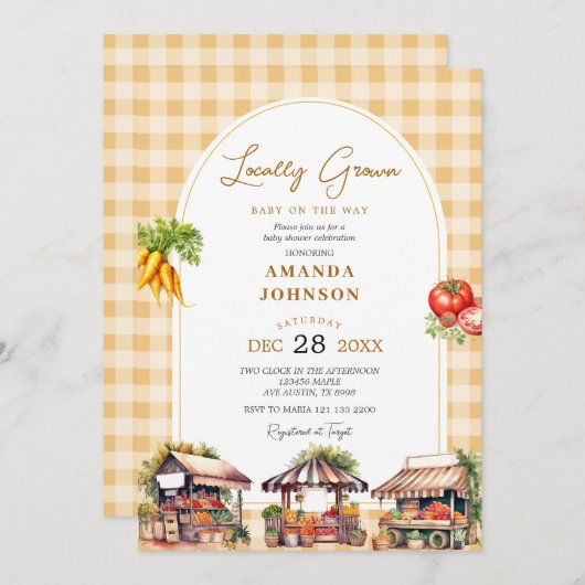 Yellow Gingham Locwn Grown Veggies Baby Shower Einladung (Vorne/Hinten)