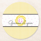 Yellow Gingham Mit Monogramm Runder Pappuntersetzer (Vorderseite)