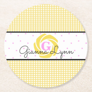 Yellow Gingham Mit Monogramm Runder Pappuntersetzer