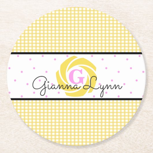 Yellow Gingham Mit Monogramm Runder Pappuntersetzer (Vorderseite)