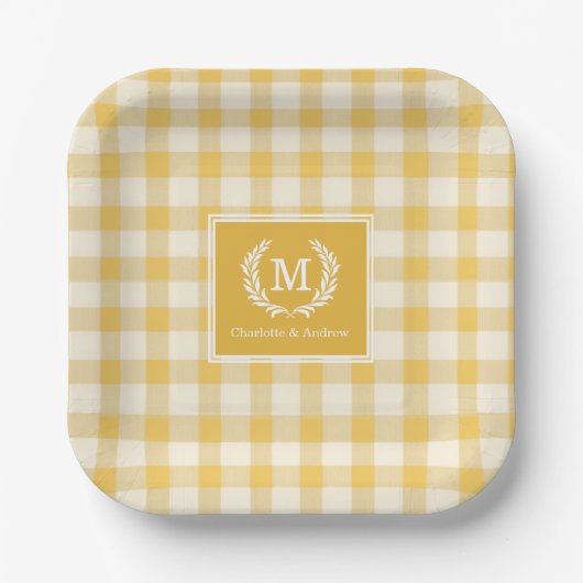 Yellow Gingham Monogram Wappen Custom Pappteller (Vorderseite)