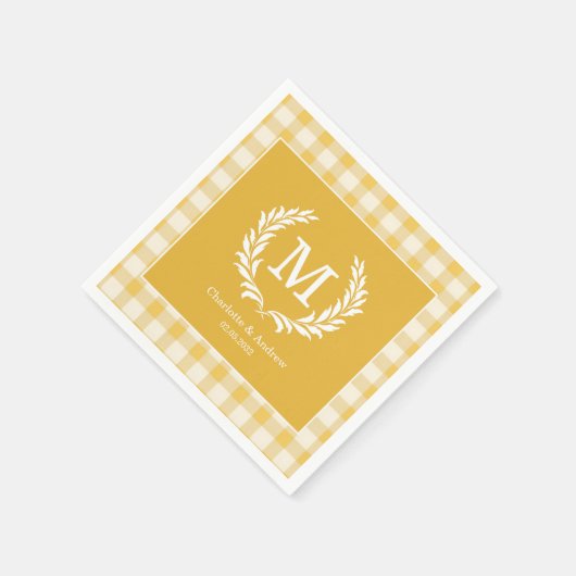 Yellow Gingham Monogram Wappen Custom Serviette (Ecke)