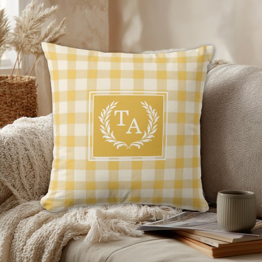 Yellow Gingham Monogram Wappen Kissen