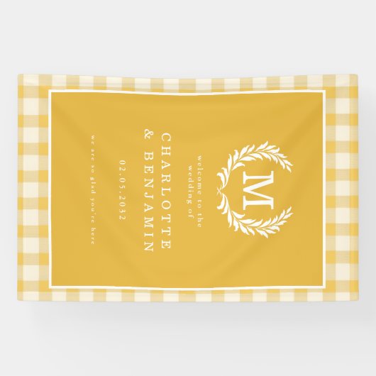 Yellow Gingham Monogram Wappen Wedding Welcome Banner (Horizontal)