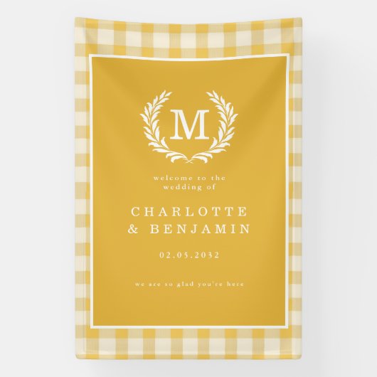Yellow Gingham Monogram Wappen Wedding Welcome Banner (Vertikal)