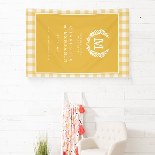 Yellow Gingham Monogram Wappen Wedding Welcome Banner (InSitu)