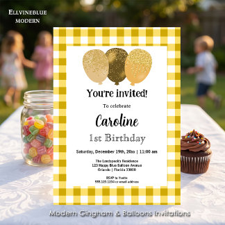 Yellow Gingham, Party Balloons 1. Geburtstag Einladung