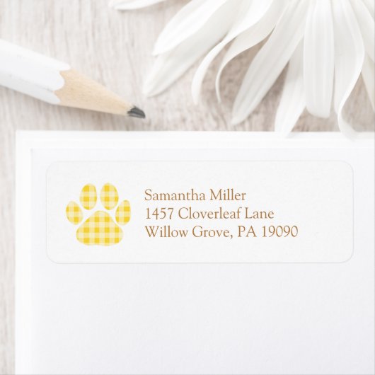 Yellow Gingham Paw Print Return Address Label (Insitu)