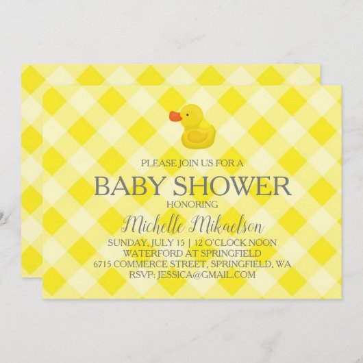 Yellow Gingham Rubber Duckie Baby Duckie Einladung (Vorne/Hinten)