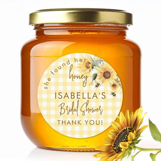 Yellow Gingham She Found Her Honey Bridal Shower Runder Aufkleber