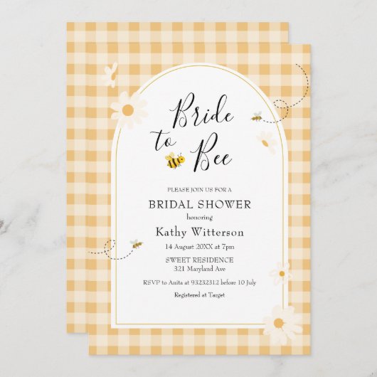 Yellow Gingham Wildblume Bridge to Bee Bridal Einladung (Vorne/Hinten)