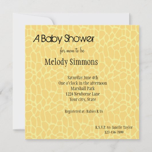 Yellow Giraffe Print Baby Showeinladungen Einladung (Rückseite)