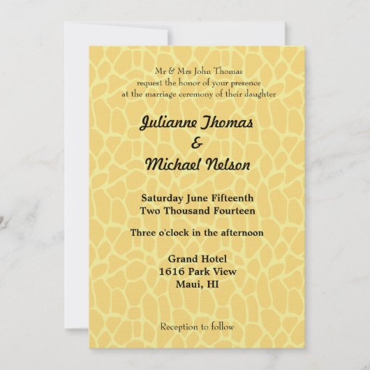 Yellow Giraffe Print Wedding Einladung (Vorderseite)