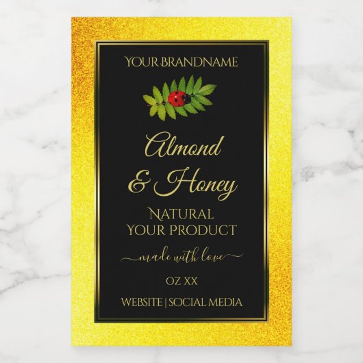 Yellow Glitzer Black Product Labels Ladybug Leaf Lebensmitteletikett (Einzelnes Label)