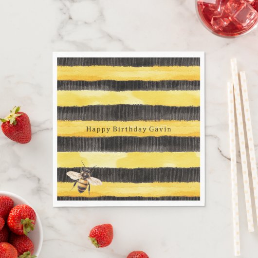 Yellow Gold Black Stripes Honey Bee Birthday Serviette (Beispiel)