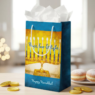 Yellow Gold Blue Hanukkah Menorah Peace Liebe Ligh Kleine Geschenktüte
