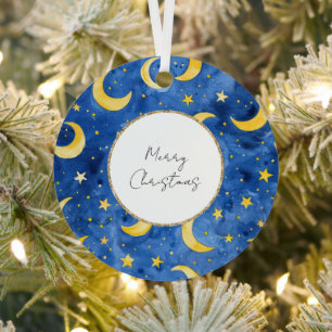 Yellow Gold Blue Stars Moons Weihnachten Ornament Aus Metall