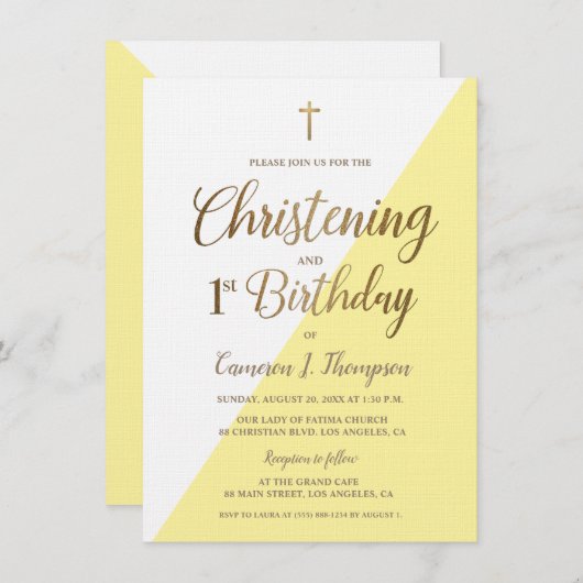 Yellow Gold Cross Christening und 1. Geburtstag Einladung (Vorne/Hinten)