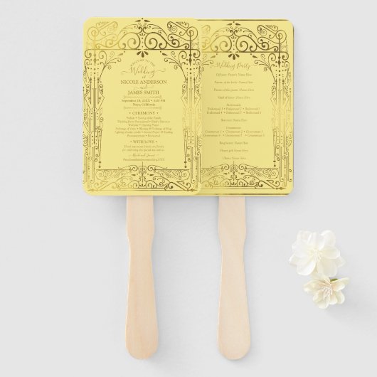 Yellow Gold Deko Chic Glam Wedding Program Fächer (Vorne und Hinten)