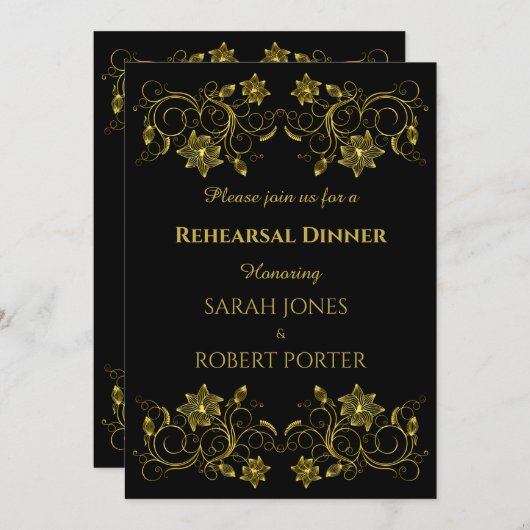 Yellow Gold Filigree am Schwarzen Probe Abendessen Einladung (Vorne/Hinten)