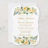Yellow Gold Floral White Green Wedding Einladung (Vorderseite)